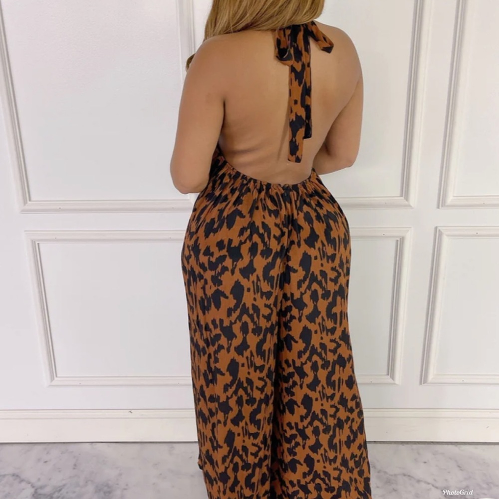 Animal print backless wide leg jumpsuit runs big